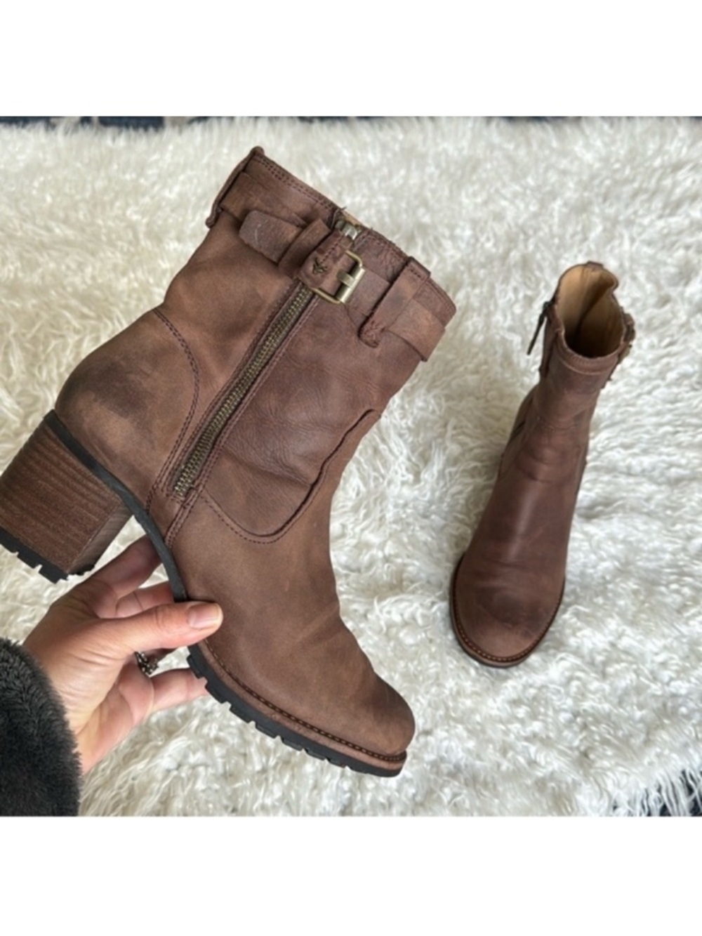Trask Madison Waterproof Leather Moto Boots/Booties Sz 9.5 Brown Side Zip Heeled